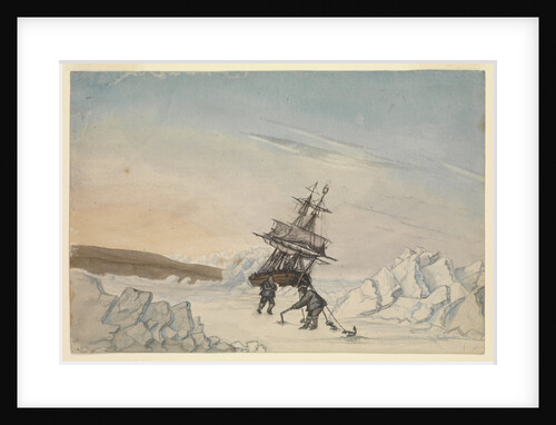 A ship stuck in the ice with two members of crew fixing the ship into ice with four fastenings by Edward Newell Harrison