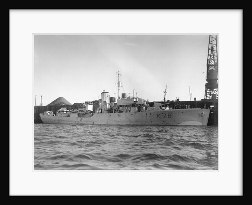 Photograph of starboard view just forward of the broadside of HMS 'Rhododendron' (1940) dated pre October 1942 alongside quay. Pendant K78. by unknown