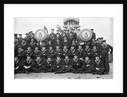 The gun crew of 'A' turret on the forecastle with the barrels of the turret projecting through the group of 'Queen Elizabeth' (1913) by unknown
