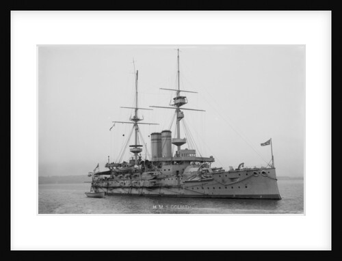 Battleship HMS 'Goliath' (1898), at anchor with awning rigged by unknown