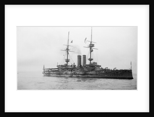 Battleship HMS 'Goliath' (1898), at anchor with awning rigged by unknown