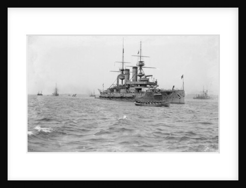 Battleship HMS 'Triumph' (1903) at anchor, slightly distant by unknown