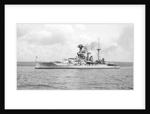 Battleship HMS 'Warspite' (1913) at anchor, with awning rigged aft by unknown