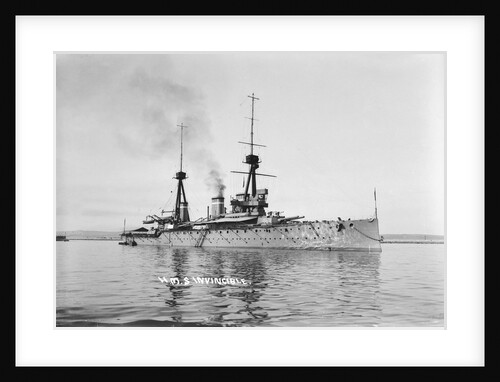 Battlecruiser HMS 'Invincible' (1907) in 1911-1912, at anchor with awnings rigged amidships and aft by unknown