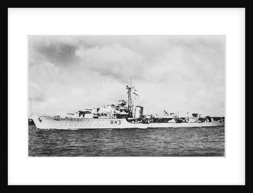 HMS 'Comus' (1945), a port near beam from just forward of broadside view, under way by unknown