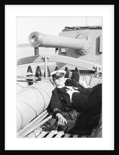 Engineer Lieutenant S. Hocken in the Carley raft on the quarterdeck of HMS 'Aurora' (1913) by Lieutenant Geoffroy William Winsmore Hooper