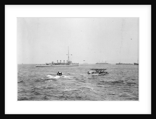Scout cruiser HMS 'Attentive' (1904) in 1915-1916, at anchor off Dunkirk with a Short Type 184 seaplane in the foreground by unknown