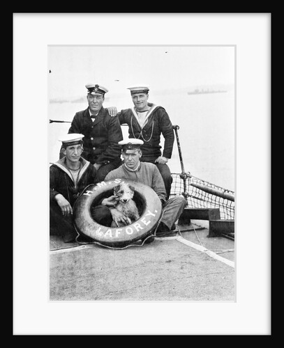 Photograph of four petty officers on board 'Laforey' (1913) at Harwich in 1915-1916 with the ship's dog mascot by unknown
