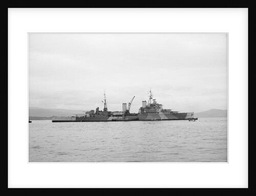 HMS 'Bermuda' (1941) at anchor in the Clyde, preparing for refit by unknown