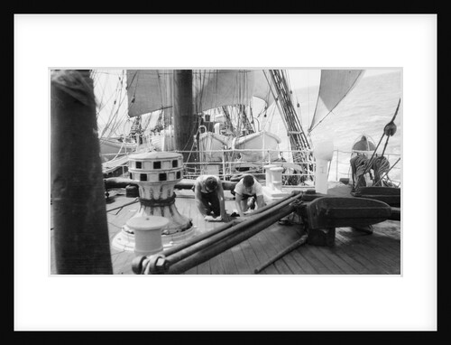 'Herzogin Cecilie' (launched 1902) under sail, two seamen are holystoning the deck, 1928 by Gustaf Erikson