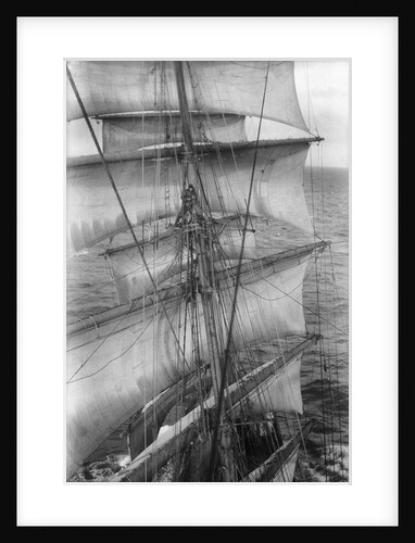 Ronald Walker aloft at the main crosstrees with his camera and tripod by Alan Villiers