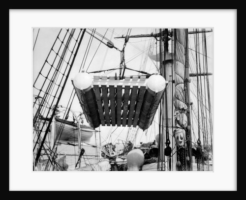 The life raft from 'Elingamite' (1887) being hoisted off the upper deck of HMS 'Penguin' (1876) by Willoughby Pudsey Dawson
