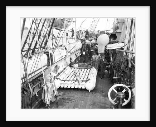 The life raft from 'Elingamite' (1887) on the upper deck of HMS 'Penguin' (1876) by Willoughby Pudsey Dawson
