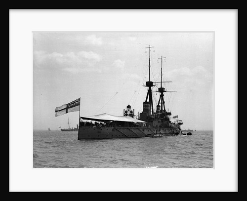 Battleship HMS 'Temeraire' (1907) at anchor at Spithead, with awning rigged aft by unknown