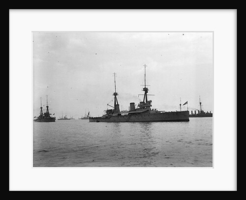 Battlecruiser HMS 'Inflexible' (1907) at anchor at Spithead, with awning rigged amidships by unknown