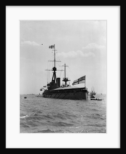 Battleship HMS 'Dreadnought' (1906) at anchor at Spithead, with awning rigged amidships and aft by unknown