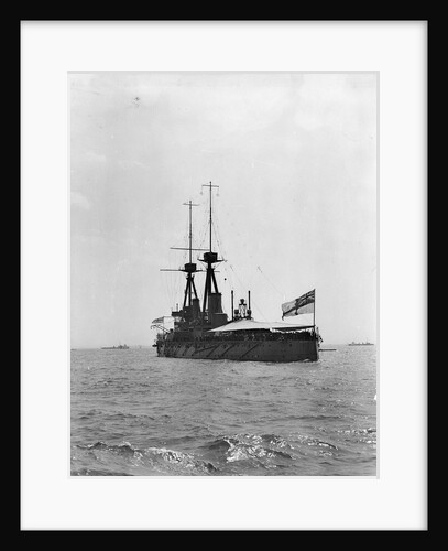 Battleship HMS 'Bellerophon' (1907) at anchor at Spithead, with awning rigged aft by unknown