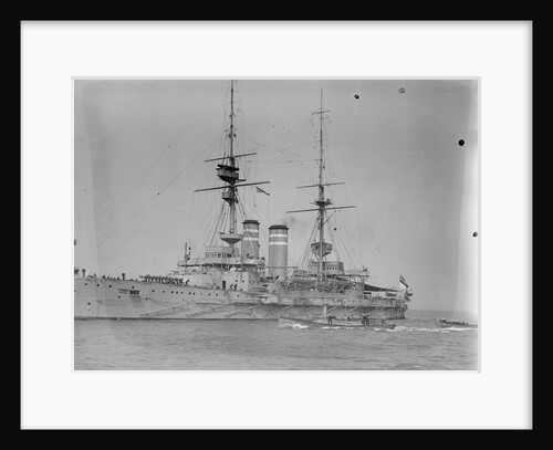 Battleship HMS 'Queen' (1902) at anchor at Spithead, with awning rigged aft by unknown