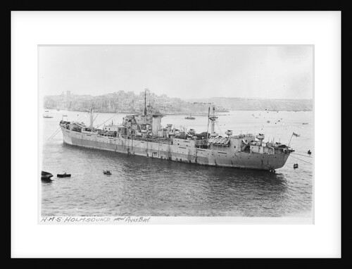 Photograph of the maintenance ship for aircraft components HMS 'Holm Sound' (1944) moored in Grand Harbour, Malta on 12th April 1946. Port side view just aft of the broadside. by unknown