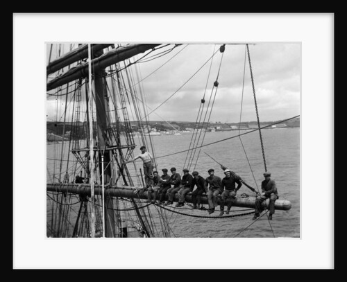 'Fahrwohl' 3 masted barque. Crew sitting on the mainyard. by unknown