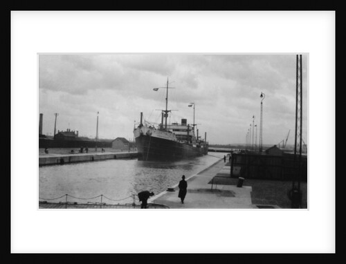 'Radnorshire' (Br, 1919) cargo liner, Royal Mail Steam Packet Co., in King George V Dock lock, London by unknown