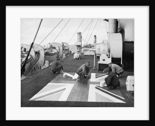 Lascars ' Asian seamen ' painting a Union flag on the deck of the P&O liner 'Chitral' by unknown