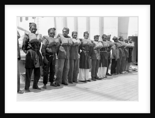 Crew wearing life jackets aboard the P&O passenger/cargo liner 'Viceroy of India' (Br, 1929) by unknown