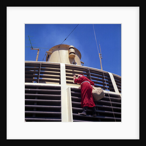 Father Christmas, or Santa Claus, climbing the grill in front of the forward funnel above the bridge on 'Oriana' (1960) by Marine Photo Service