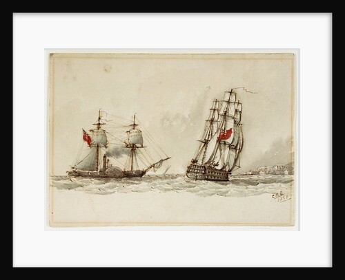 Paddle steamer and warship off a coast by Anonymous
