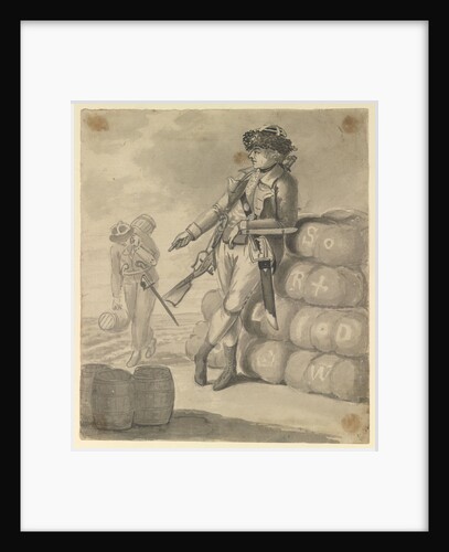 A Marine leaning on a pile of bales, with a seaman carrying kegs in the background by Gabriel Bray
