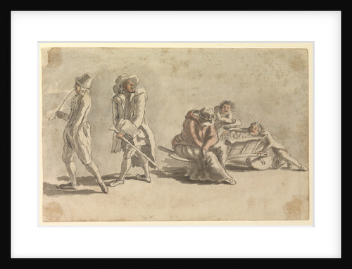 Woman asleep beside a wheelbarrow of fruit, which is being stolen by two small boys by Gabriel Bray