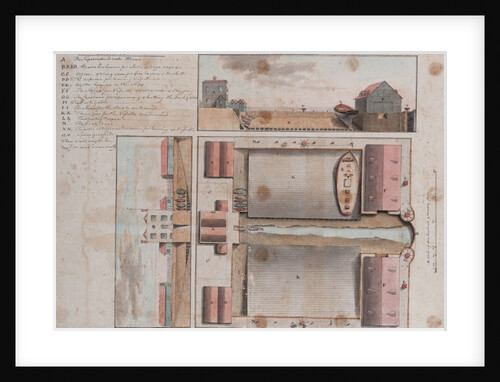 Plan and two sections of a proposed dockyard, possibly at Deal by Gabriel Bray