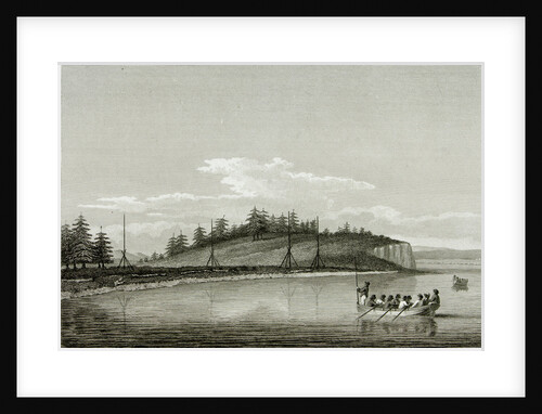 Naval launch approaching a shoreline covered with fir trees by unknown