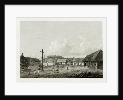View of a town with cow being slaughtered in background by William Alexander