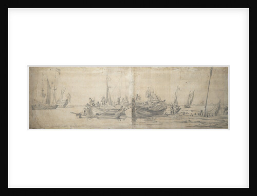 Two kaags ashore on the end of a hard by Willem van de Velde the Elder