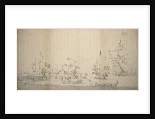 A weyschuit being hauled ashore in a crowded harbour by Willem van de Velde the Elder