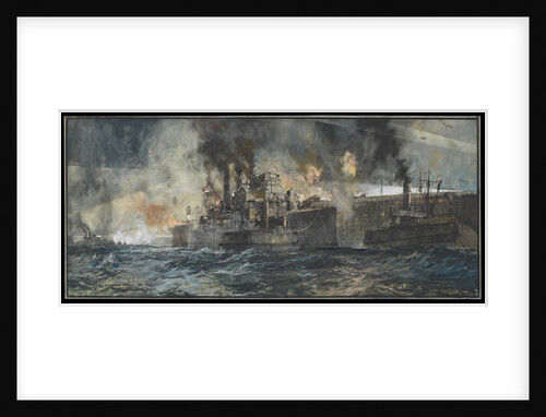 HMS 'Vindictive' alongside the Mole, Zeebrugge, April 23rd 1918 by Charles Dixon
