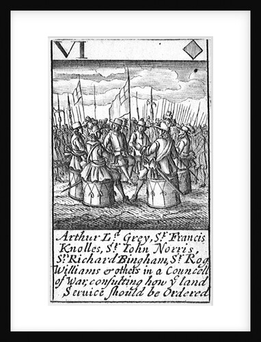 1588 Armada Playing Cards, VI of Diamonds. 'Arthur Ld Grey Sr Francis Knolles, Sr John Norris, Sr Richard Bingham, Sr Rog: Williams & others in a Councell of War, consulting how ye land service should be Ordered' by unknown