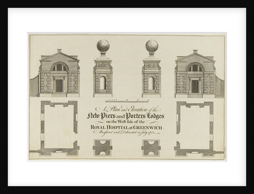A Plan and Elevation of the New Piers and Porters Lodge on the West side of the Royal Hospital at Greenwich. Measured and Delineated in July 1752 by James Basire
