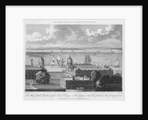 The West India Docks in the Isle of Dogs, with Greenwich Hospital in the foreground. Drawn in the Camera Obscura of the Observatory. by Pugh