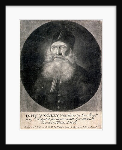 Iohn Worley Pentioner in her Majties Royll Hospital for Seamen att Greenwich Born in Wales Ao 16-24 done from ye Life and Sold by In Faber near ye Savoy in ye Strand 1709 by James Thornhill