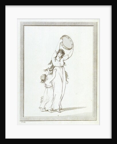 Lady Emma Hamilton and a child in a classical pose, holding a tambourine above her head by Frederick Rehberg