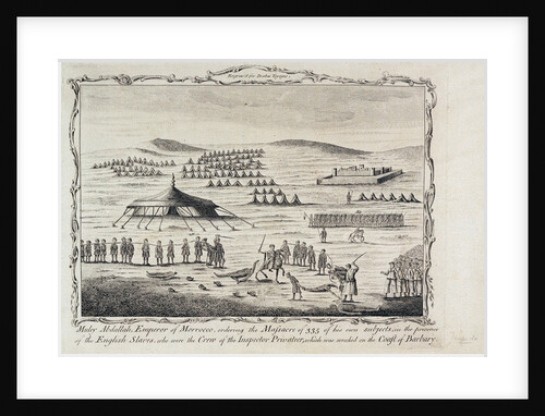 Muley Abdallah, Emperor of Morrocco, ordering the massacre of 335 of his own subjects in the presence of the English slaves, who were the crew of the Inspector privateer, which was wrecked on the coast of Barbary. Engrav'd for Drakes Voyages' by unknown