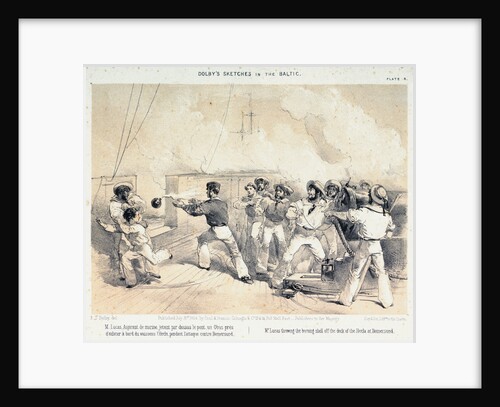 Dolby's sketches in the Baltic. Mr Lucas throwing the burning shell off the deck of the Hecla at Bomersund by E T Dolby