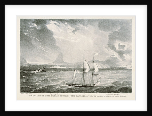 HM Brig 'Frolic' entering the harbour of Rio Janerio, during a Pampeiros. Sugar Loaf Mountain. Cochorvada Mountain by G.E. Madeley
