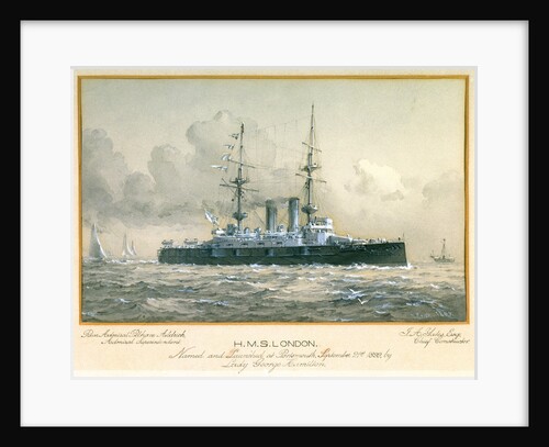 HMS 'London' Named and Launched at Portsmouth, September 21st 1899, by Lady George Hamilton. Rear Admiral Pelham Aldrich, Admiral Superintendent. J.A. Yates, Esq, Chief Constructor by H. Coish