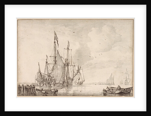 A Dutch flagship becalmed with vessels alongside by Willem Van de Velde the Younger