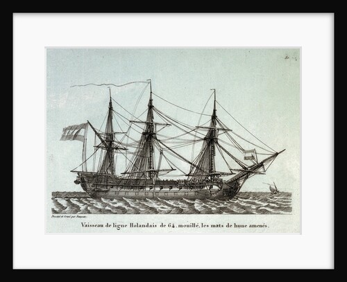 Vaisseau de ligne Holondais de 64. mouille, les mats de hune amenes. Plate 50. in Collection de Toutes les Especes de Batimens... 5eme Livraison by Baugean