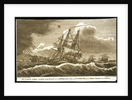 The 'Arethusa' frigate scudding under Foresail in a storm, with a view of Plymouth, and Maker Church at a distance by William Allen