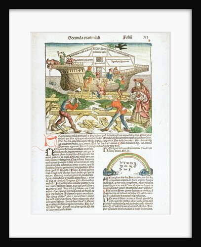 Page from 'The Nuremberg Chronicle' by Hartmann Schedel, depicting wooden shipbuilding in progress by Michael Wolgemut